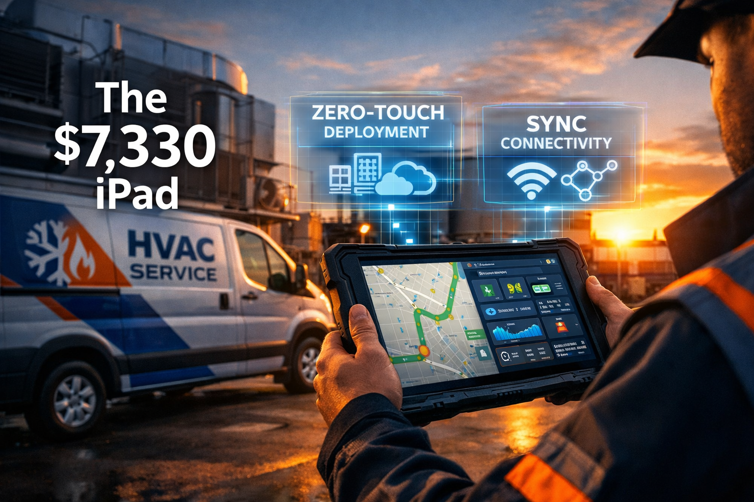 HVAC technician dealing with thermal shutdown on tablet in high-heat attic environment