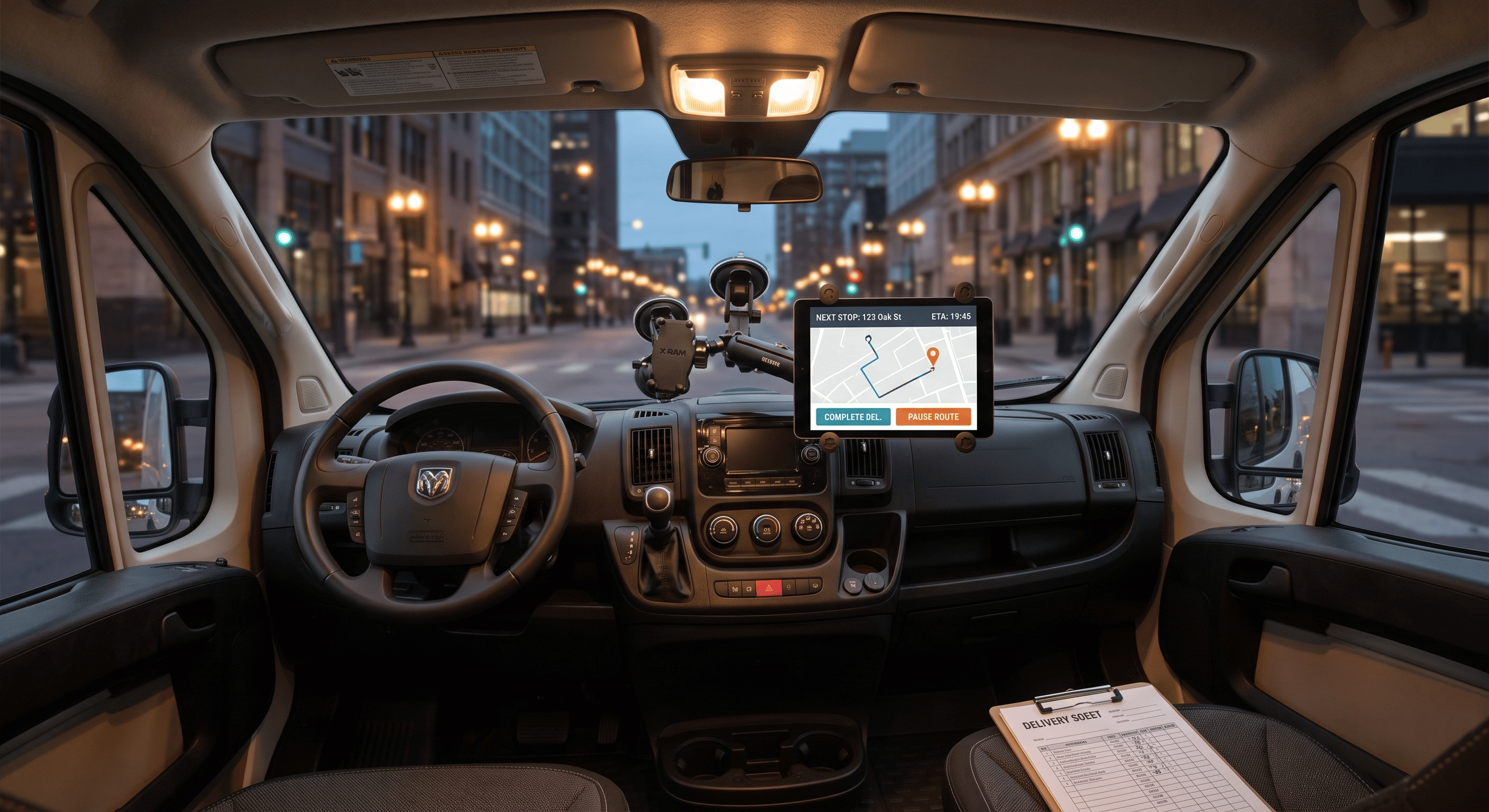 RAM X-Grip mount installed in a delivery van dashboard