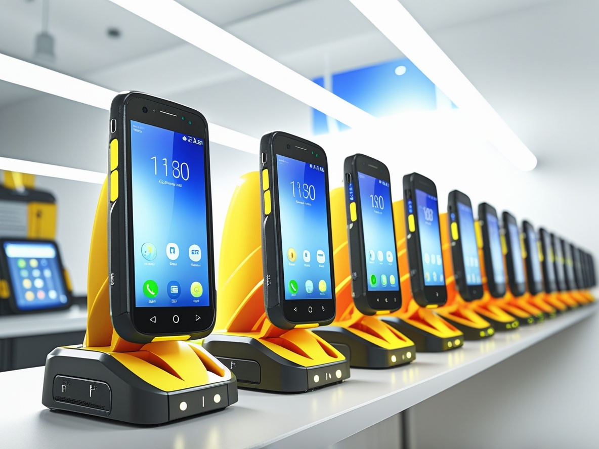 Row of Zebra devices charging in cradles at depot