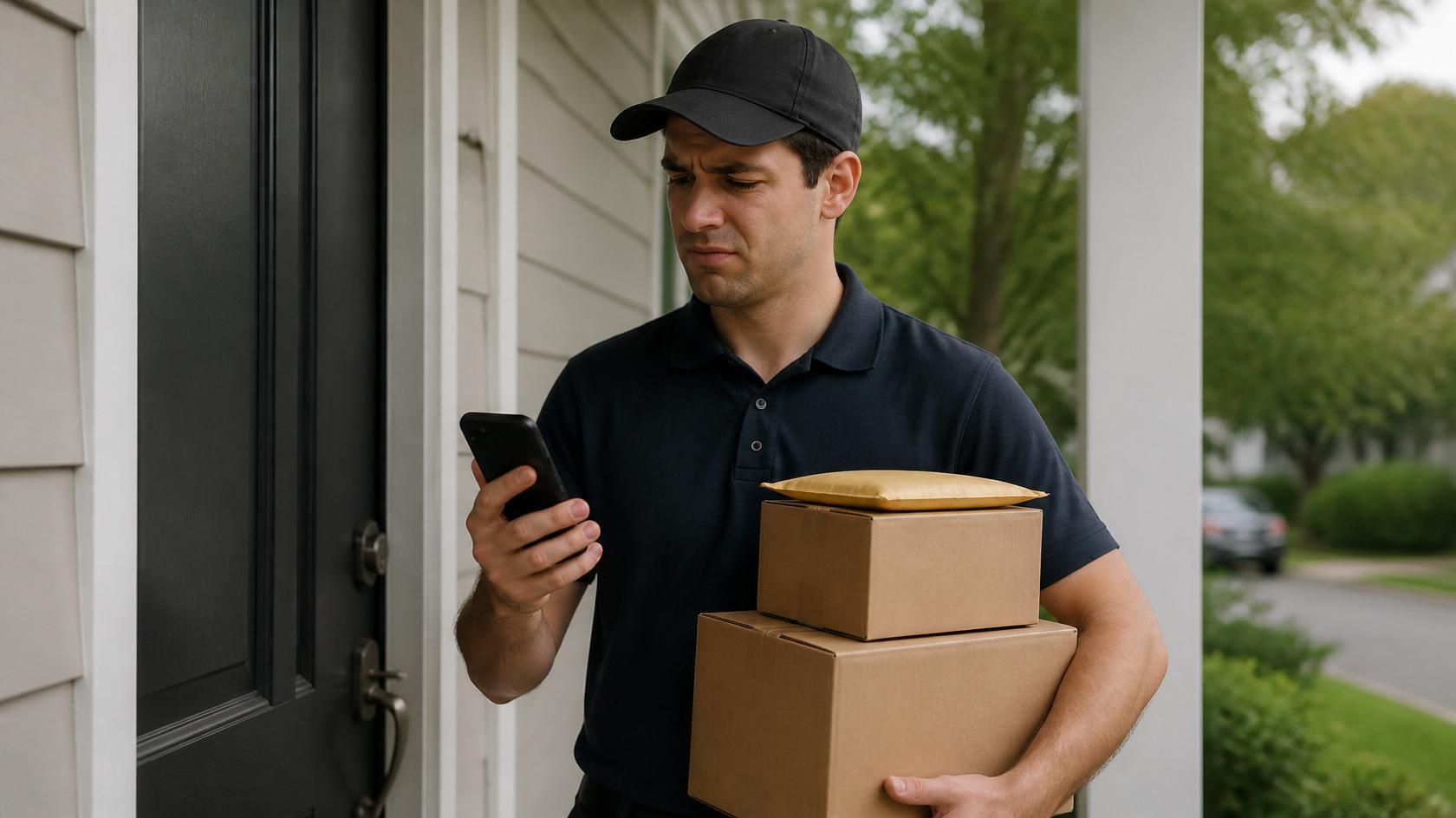 Delivery driver looking at dead phone at doorstep