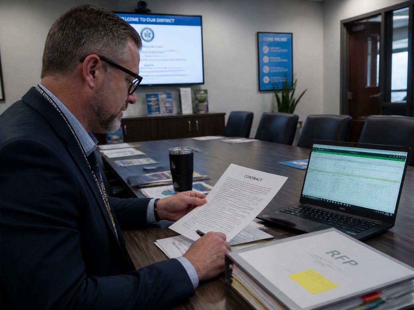 Education procurement meeting — district administrator reviewing contract documents